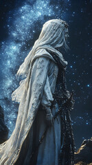 A Solitary Figure in White Robes Stands Beneath a Starry Night Sky, Holding a Twisted Sword