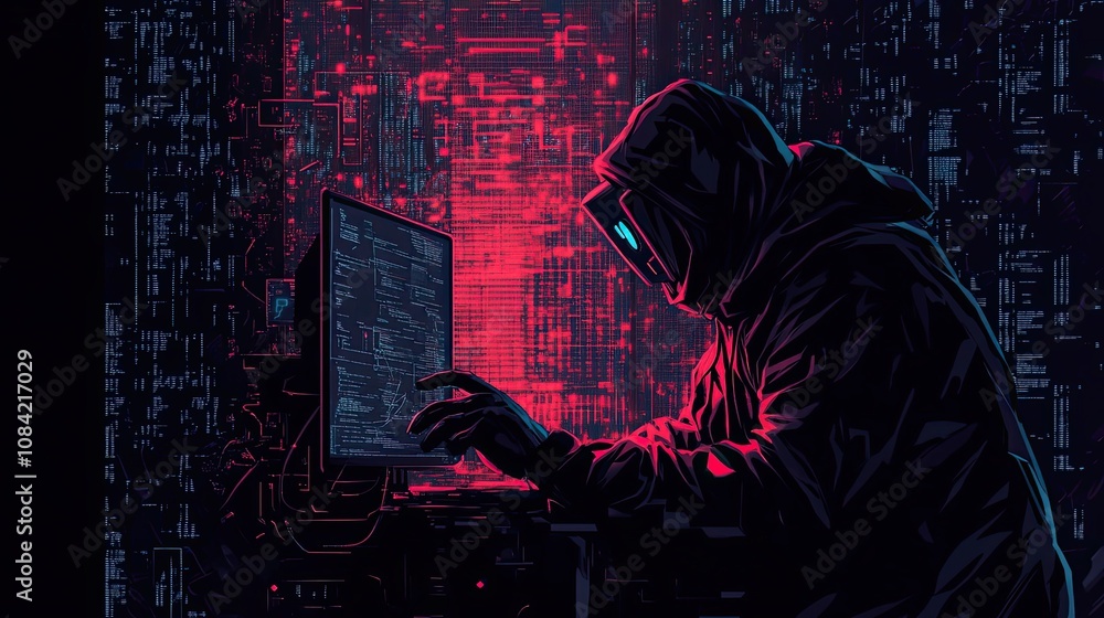 Poster hooded figure using a computer in a dark and glowing room