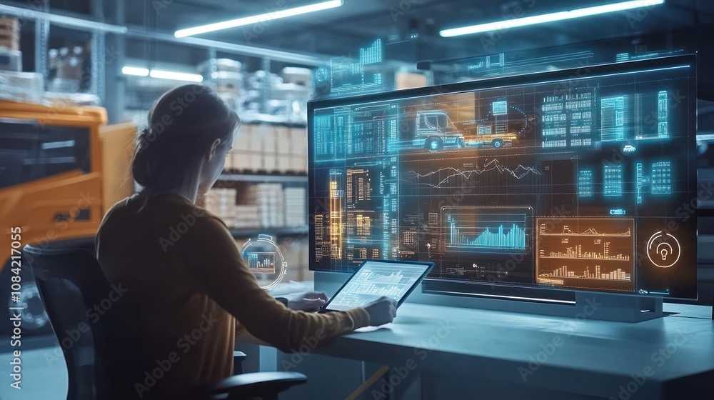 Poster a person analyzing data on a digital screen in a modern industrial setting.