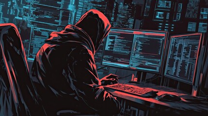 Hooded Figure Working on Multiple Computer Monitors with Code Displayed