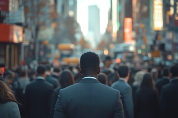 Fototapeta premium Man Walking Backwards in a Busy City Street Crowd