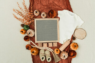 A cozy flat lay featuring a baby bodysuit, pumpkins, leaves, and rustic fall decor. Perfect for...