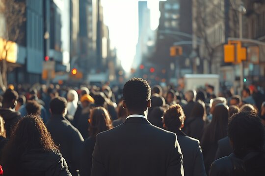 Man Walking Backwards in a Blurry City Crowd