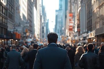 Obraz premium Man Walking Backwards in City Street Crowd