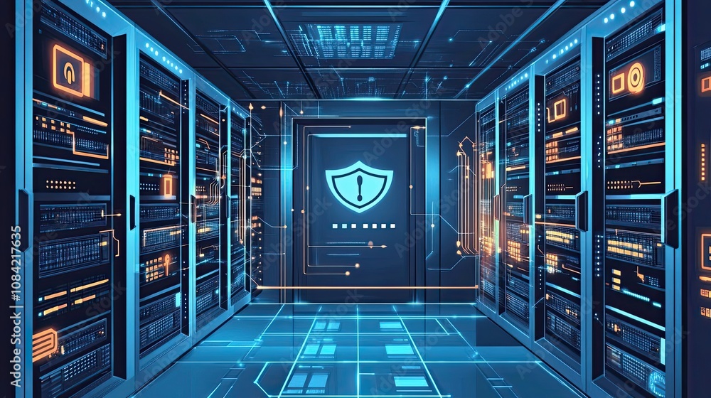 Poster server room with security shield and digital lines