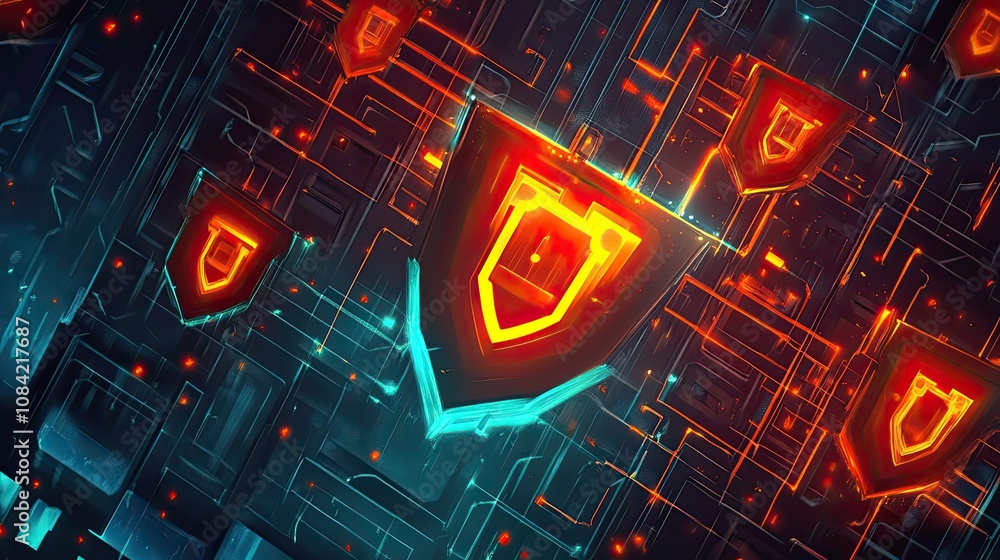 Poster abstract digital art with glowing shielded shapes and circuitry