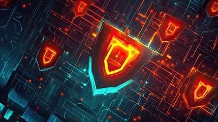 Abstract Digital Art with Glowing Shielded Shapes and Circuitry