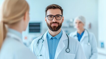 Fototapeta premium Professional Male Doctor with Beard in White Coat Smiling at Camera in Modern Medical Office with Colleagues in Background Engaged in Healthcare Discussion