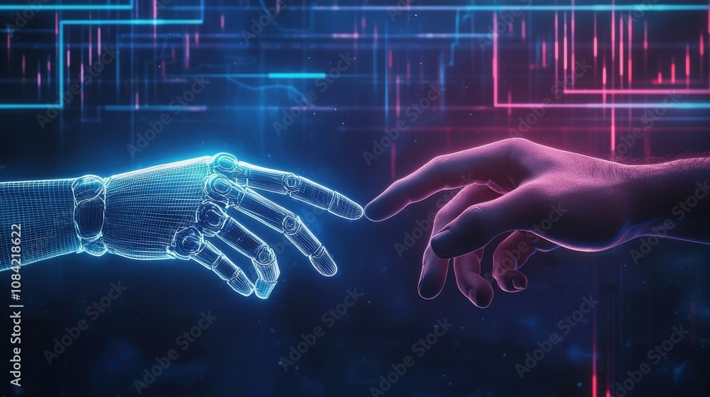 Poster a digitally rendered image depicting a robotic hand reaching out to touch a human hand, symbolizing 