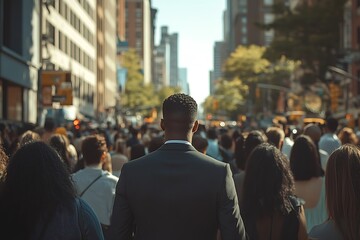 Obraz premium Man Walking in Busy City Crowd with Blurred Skyscrapers