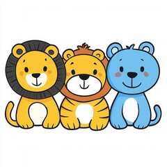 Obraz premium A group of cute cartoon lions and a bear, perfect for children's illustrations and playful designs. isolated on white background