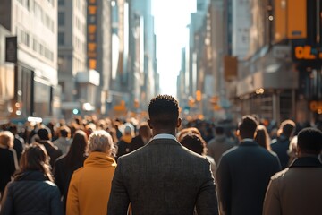 Man Walking in Busy City Street Crowd