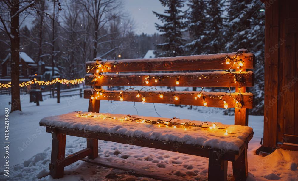 Poster bench covered in lights and snow. the bench is in a snowy field