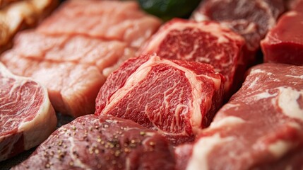 Artistic close-up of different types of raw meat: a marbled Wagyu beef steak, lean beef cuts, and fresh, unprocessed meat. 