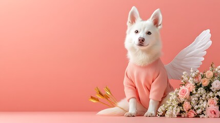 Charming White Dog in Cute Sweater with Angel Wings Surrounded by Lovely Flowers and Arrows on Soft Pink Background Ideal for Valentine's Day or Pet Love Themes