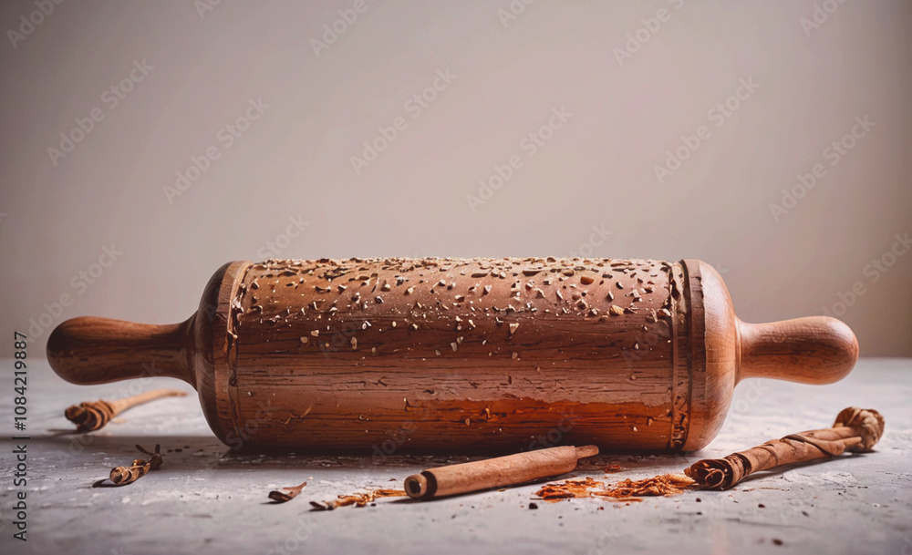 Poster Wooden rolling pin with cinnamon sticks on it is placed on a table. The cinnamon sticks are scattered around the rolling pin, some of them are closer to the rolling pin and others are further away