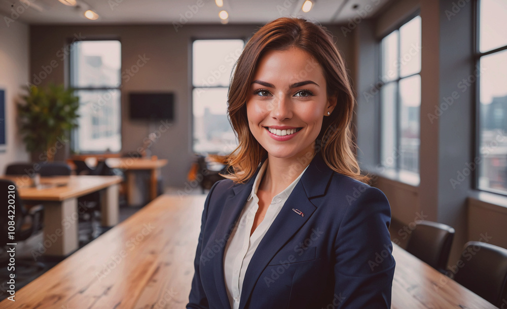 Poster woman in a business suit is smiling at the camera. she is standing in front of a table with chairs