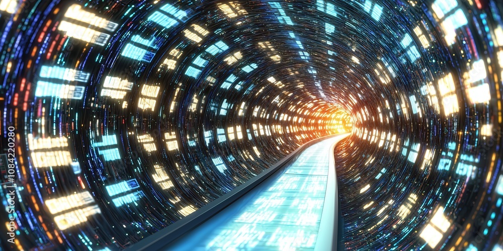 Poster Futuristic tech tunnel with vibrant lights and digital patterns spiraling into bright core
