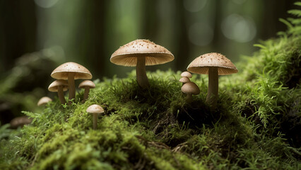 A close-up of mushrooms growing in the forest grass during autumn, showcasing wild fungi like boletus and cep with brown caps, moss, and greenery