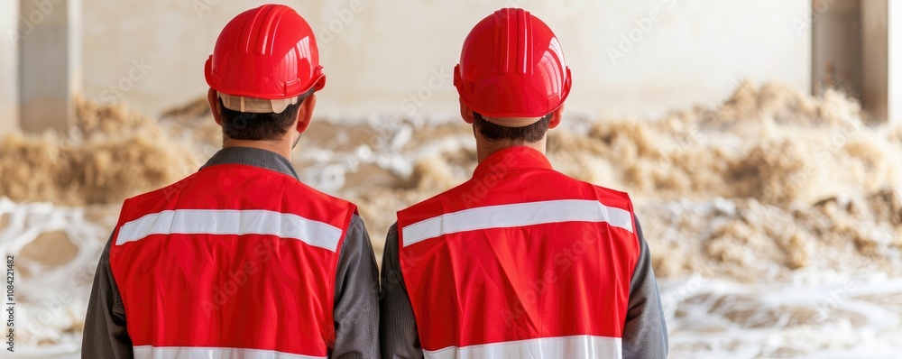 Poster two workers in red helmets and vests observe a construction site, showcasing teamwork and safety in 