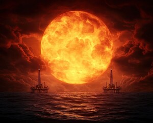 Fototapeta premium A dramatic sunset over ocean oil rigs, with a fiery sun illuminating clouds, creating a striking contrast against the dark waters.