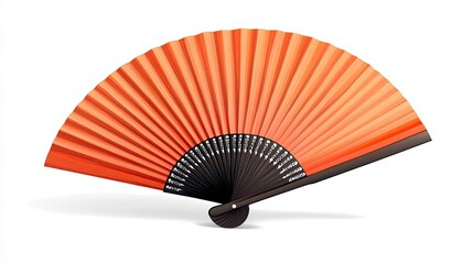 An orange and black folding hand fan, closed and upright