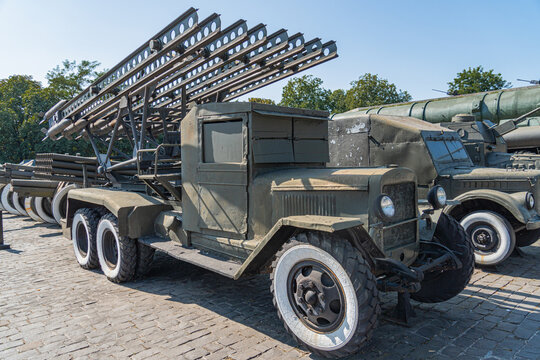 Katyusha Rocket Launcher in the Wings of Liberation museum located near a former landing-zone. Supplies of weapons for the Russian-Ukrainian war. Kiev, Ukraine 10-29-2024