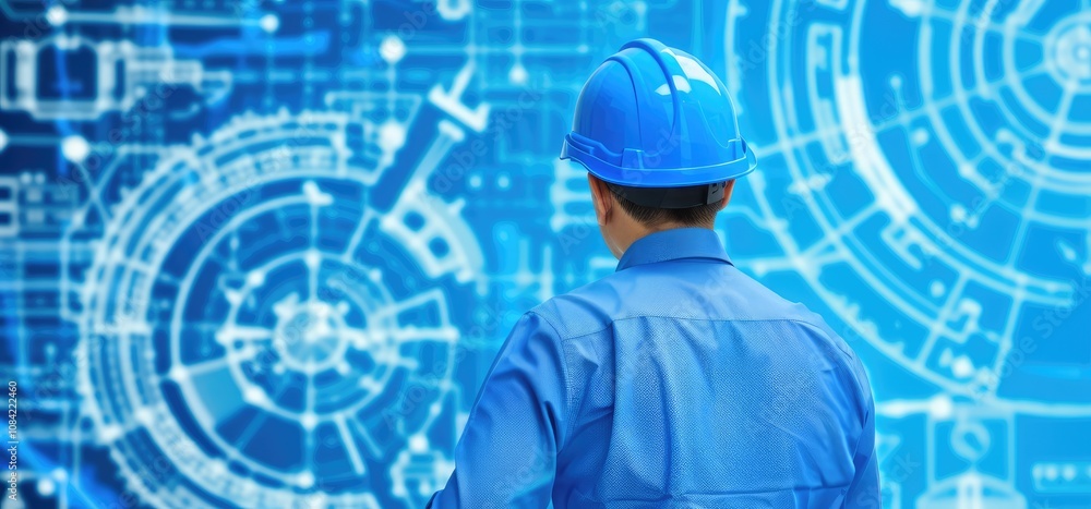 Poster a worker in a blue uniform and helmet stands before a digital interface displaying technical schemat