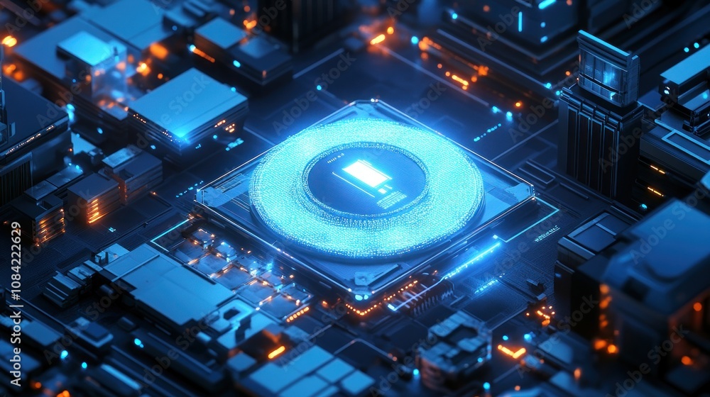 Poster a close-up view of a futuristic microprocessor on a circuit board with glowing elements.