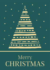 Christmas and new year postcard design with golden hand drawn christmas tree on a green background