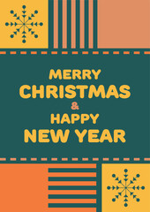 Christmas and new year postcard design with yellow and orange elements on a green background