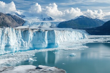Glacier, icebergs, mountains, landscape, nature, water, clouds a stunning view of a massive glacier and surrounding mountains reflecting in the serene water below