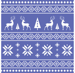 Pattern with nordic winter ornament with reindeer and snowflakes on dark blue background