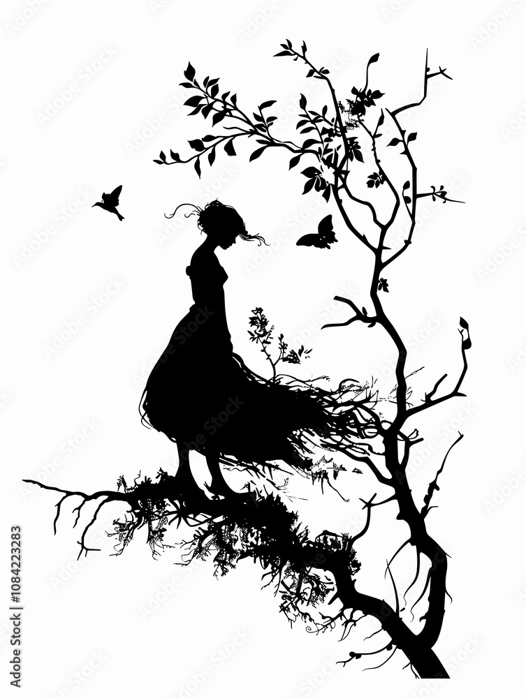 Poster woman is standing on a tree branch with a butterfly and a bird in the background. the image has a wh