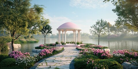 Obraz premium pink and cream elegant romantic round pavilion with elegant paving stones and different flowers on the banks of a lake with clear water 