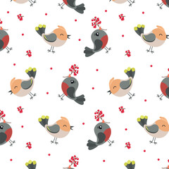 colorful winter pattern with bullfinches and waxwing