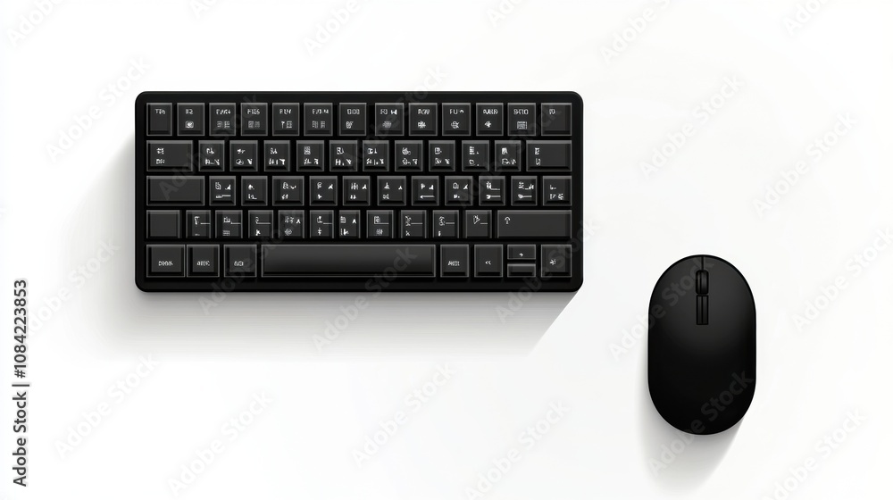 Poster A black keyboard and mouse sit on a pristine white surface, highlighting essential tools for modern computing and productivity. Generative AI