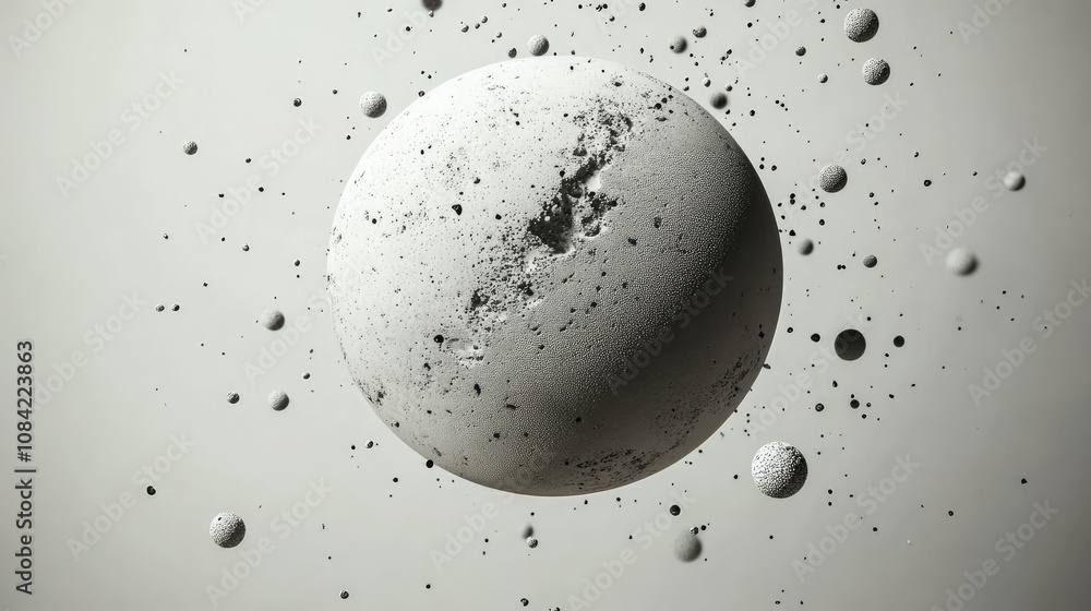 Poster one large matte sphere with tiny spheres orbiting around, set against a light background.