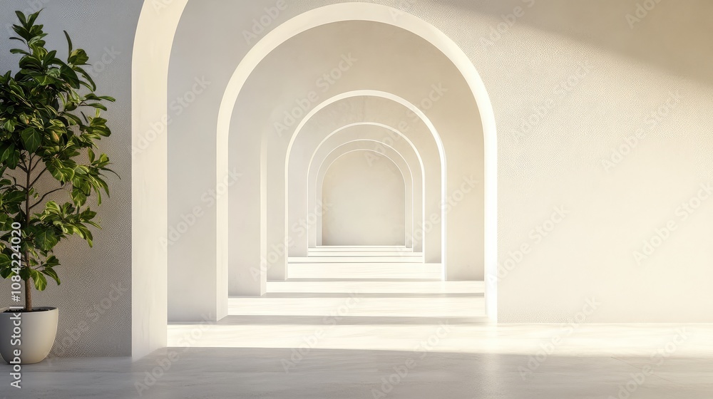 Poster simple archways arranged in a repeating pattern, creating a sense of depth with minimalistic style.