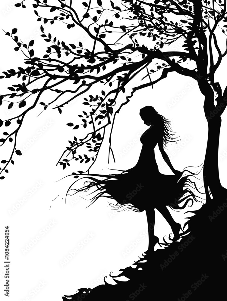 Poster woman is walking in a forest with trees in the background. the image has a mood of serenity and calm