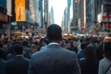 Obraz premium Man Walking Through Busy City Street Crowd at Daytime