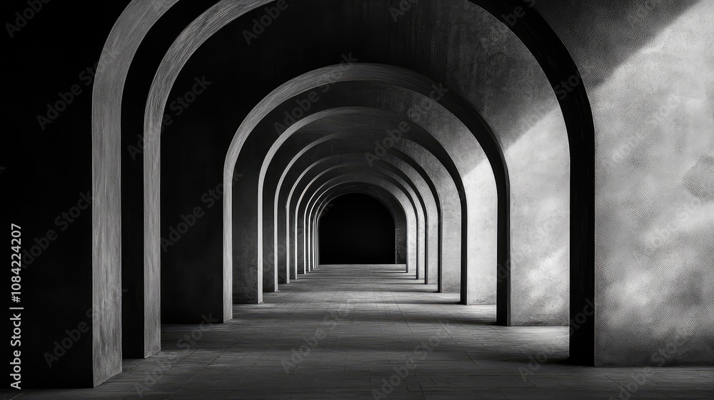 Poster simple archways arranged in a repeating pattern, creating a sense of depth with minimalistic style.