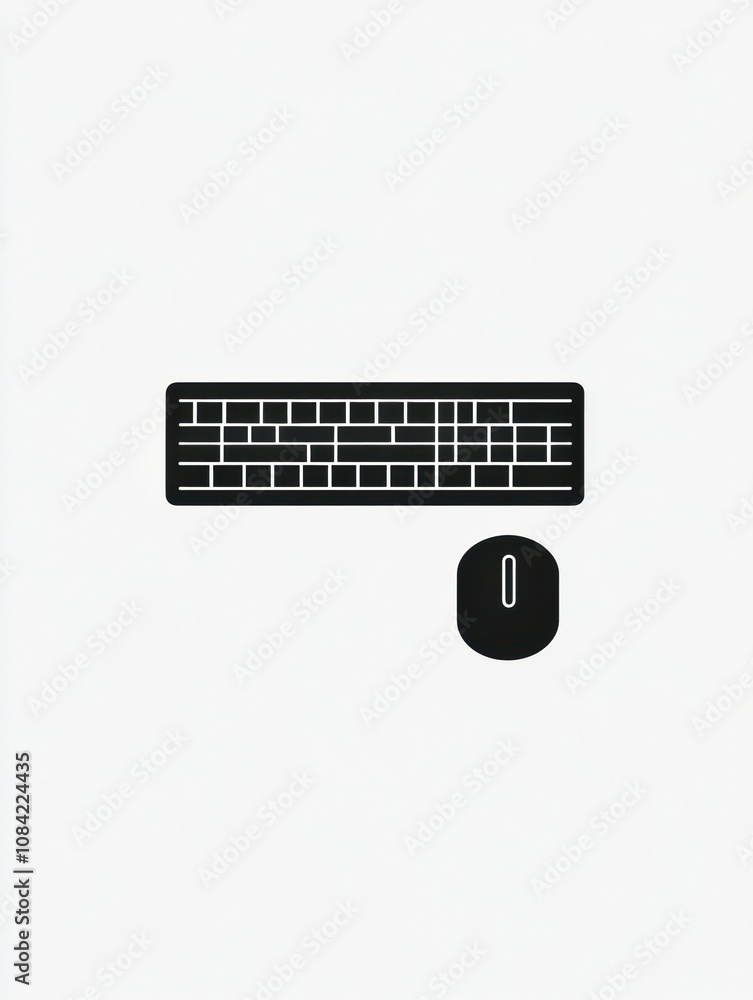 Poster a minimalistic black icon of a keyboard alongside a mouse, set against a clean white background, ide