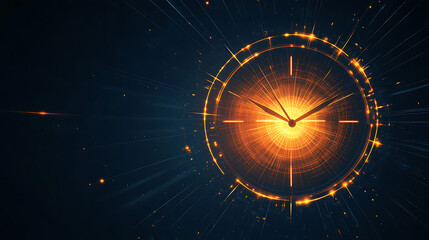 A glowing orange clock face with hands in the center of a dark blue background with lines of light radiating outward.
