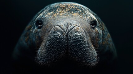 Close-up portrait of a manatee underwater, showing its distinct textured snout and eyes, captured in dimly lit aquatic environment.
