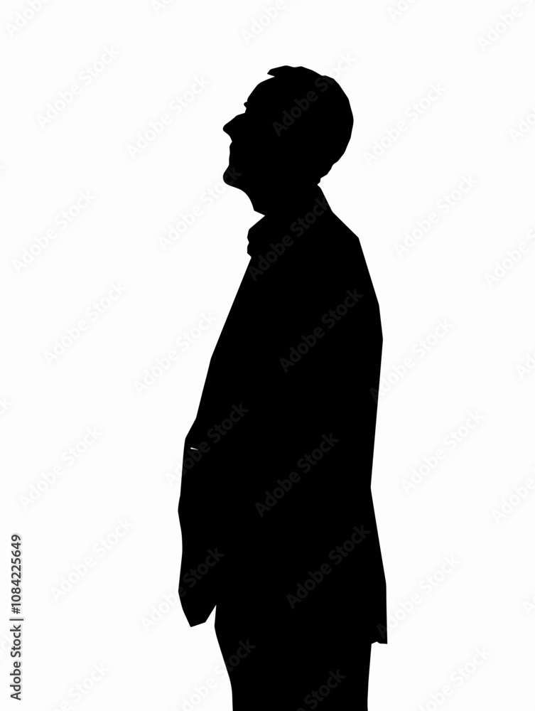Poster man in a suit is standing in front of a white background. he is looking up, possibly at something or