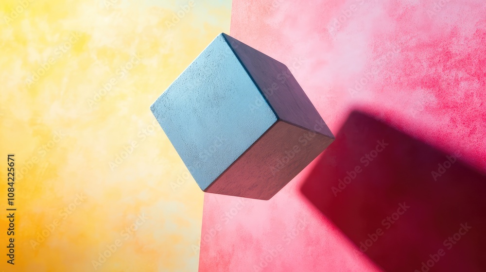 Poster single matte cube floating in empty space, with a soft shadow cast on a pastel background.