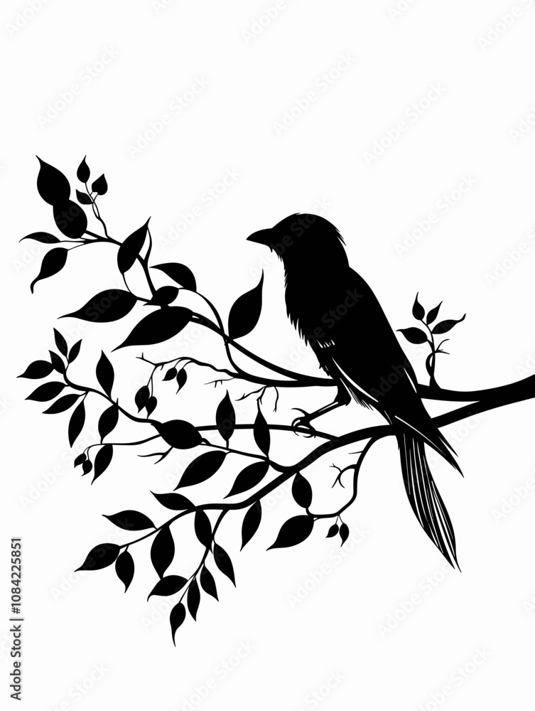 Poster black bird is perched on a branch of a tree. the bird is the main focus of the image, and the branch