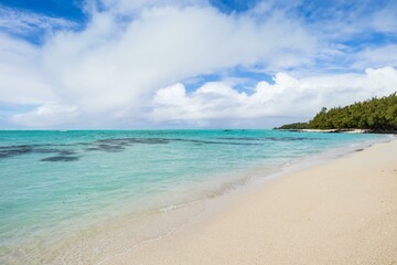 Fototapeta premium Serene Beachscape with Clear Turquoise Water and Black Volcanic Rocks in Ile aux Cerfs Mauritius