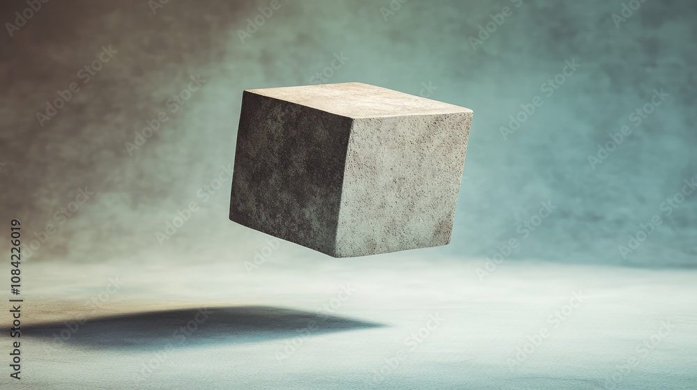 Poster single matte cube floating in empty space, with a soft shadow cast on a pastel background.